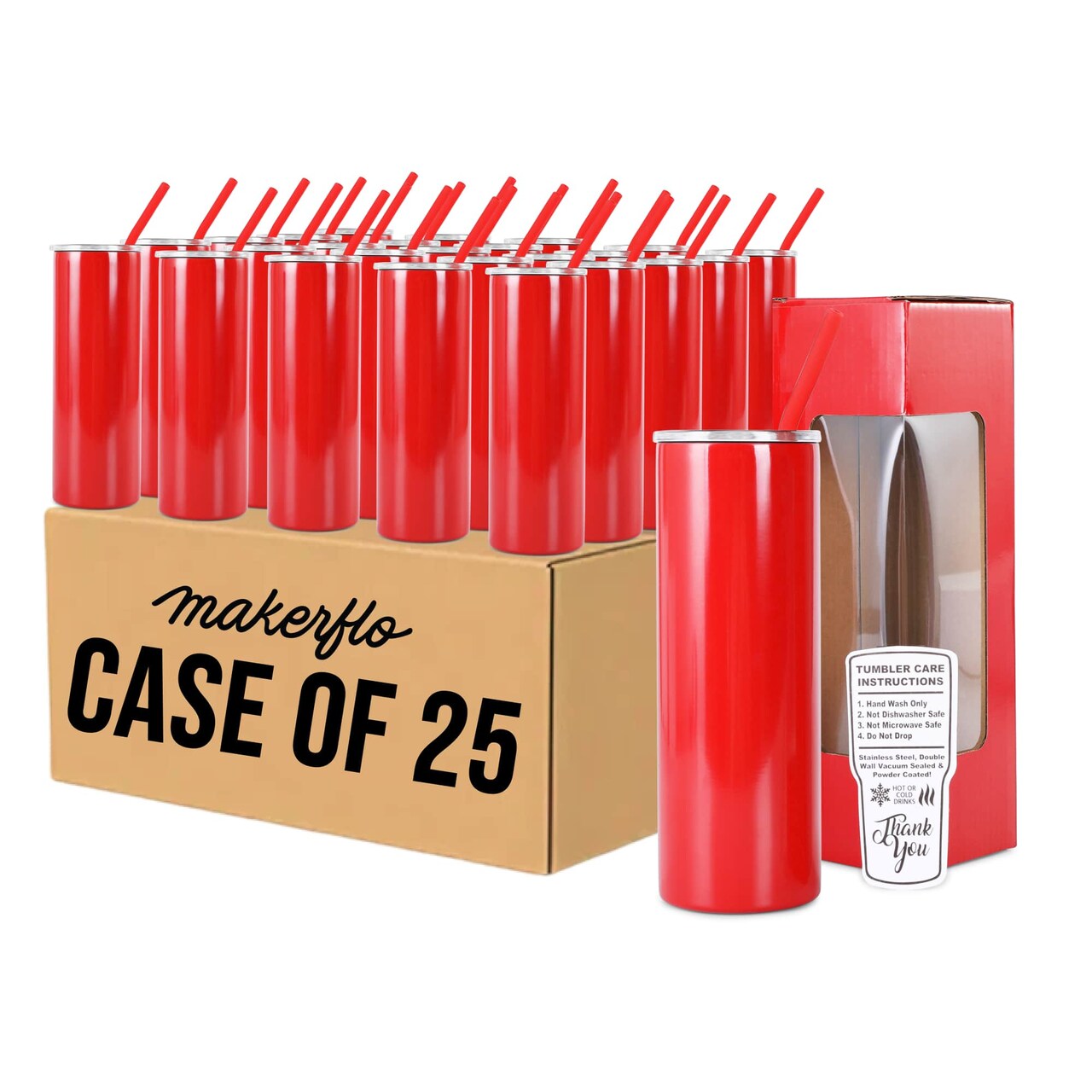 MakerFlo 20oz Skinny Powder-Coated Glossy Tumbler with Optional Handle – Case of 25 – Includes Leak-Proof Lids, Silicone Straws & Gift Boxes – Customizable for Laser Engraving, UV Printing, and Epoxy